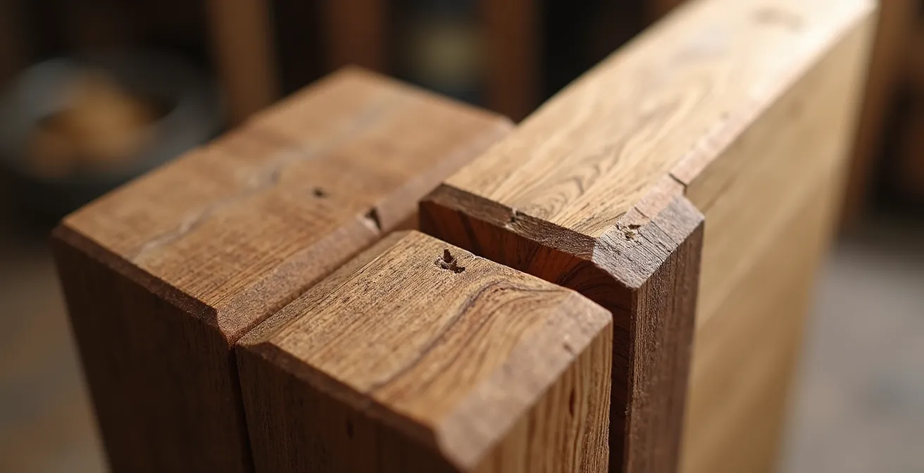 Gros plan sur un assemblage tenon-mortaise traditionnel en chêne