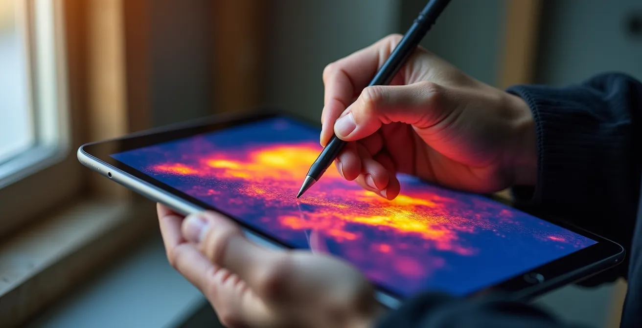 Professionnel annotant les points faibles énergétiques sur une tablette lors d'un audit