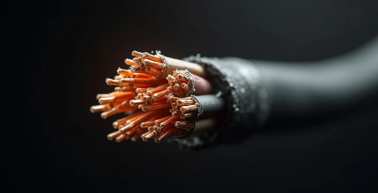 Détail macro d'un câble électrique montrant les signes de surchauffe et de dégradation de l'isolant