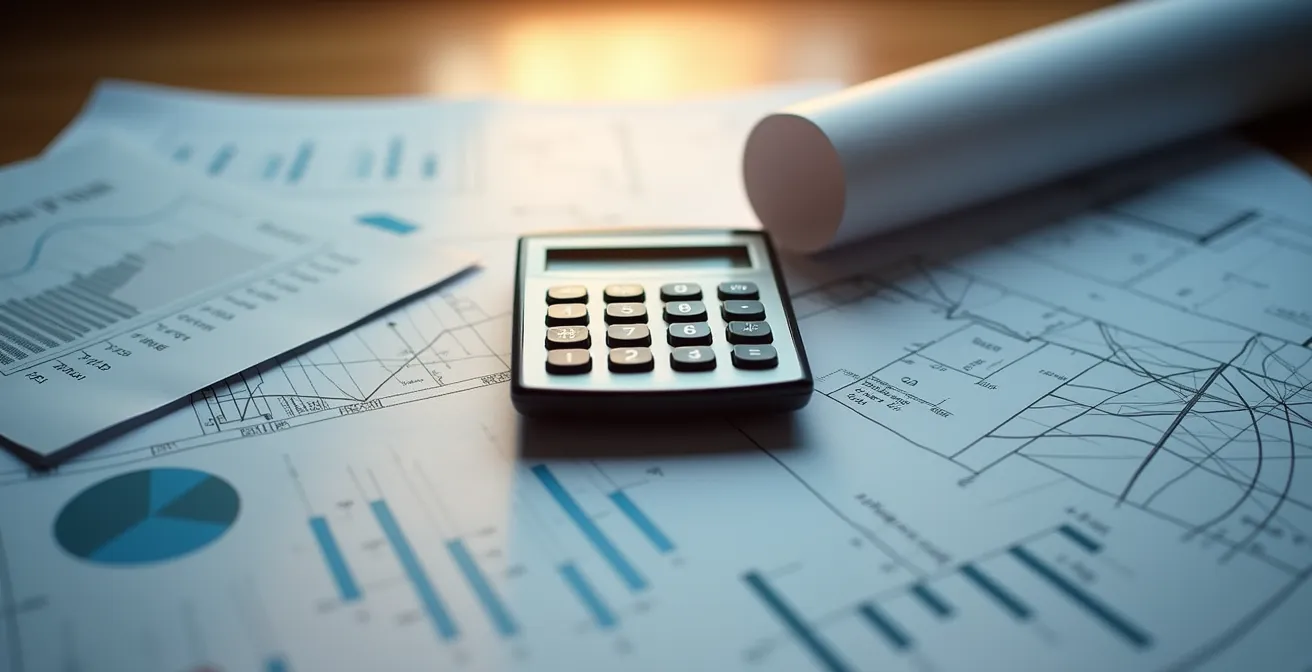 Calculatrice et documents financiers sur table avec plans de construction