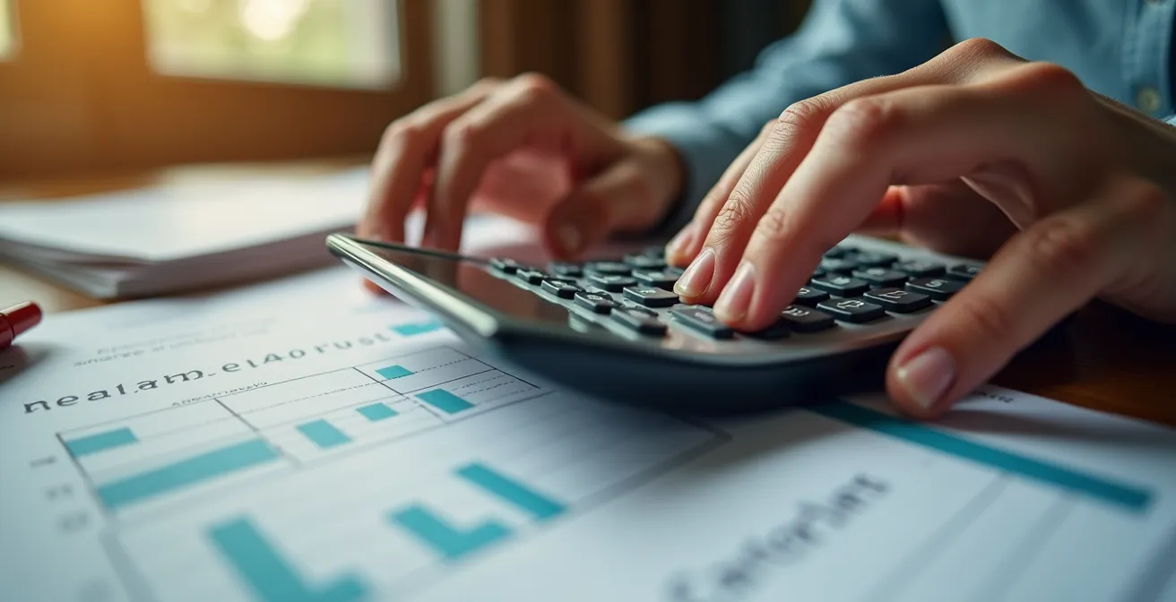 Vue macro de mains calculant le plan de financement d'une rénovation énergétique