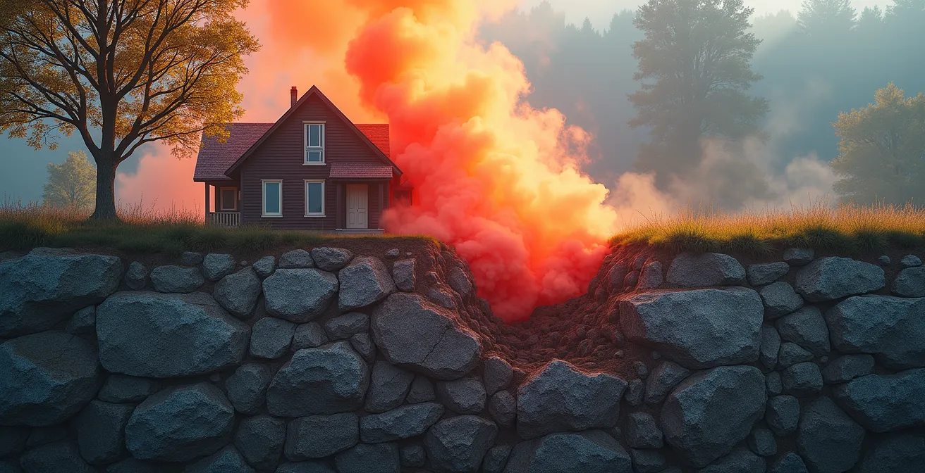 Vue en coupe d'une maison montrant la remontée du radon depuis le sol granitique vers l'intérieur