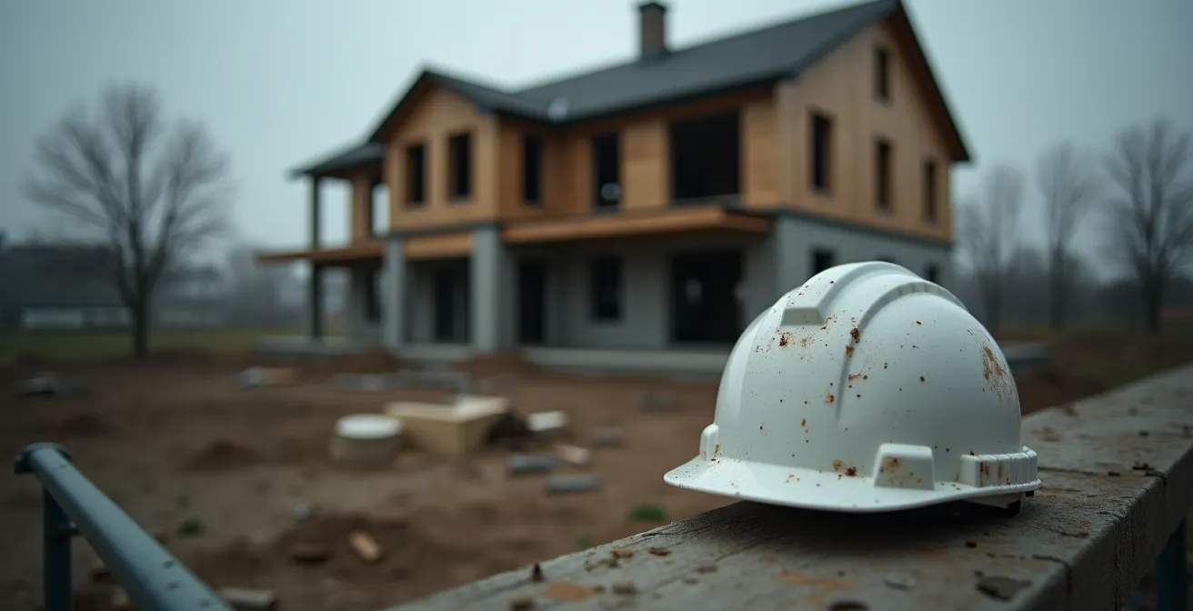 Chantier de construction abandonné suite à une faillite d'entreprise avec matériaux laissés sur place