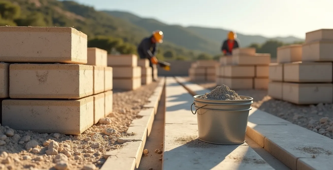 Chantier de construction avec blocs rectifiés montrant l'absence de bétonnière et la propreté du site