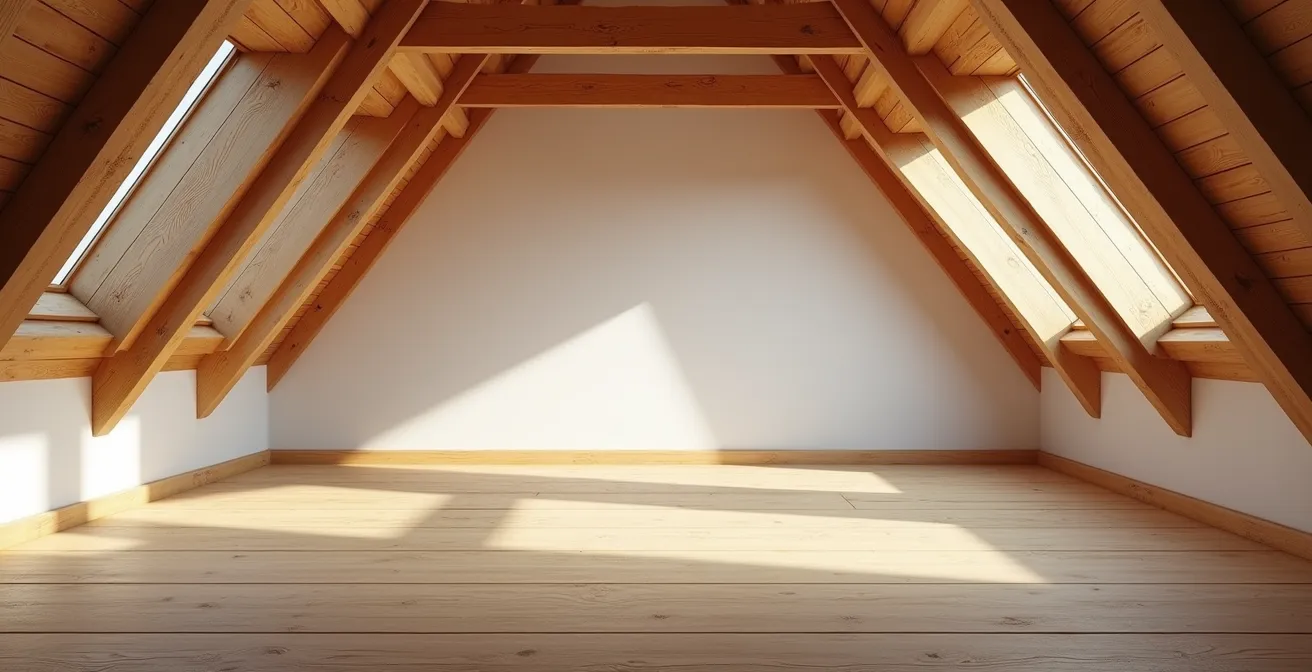 Vue intérieure de combles avec charpente traditionnelle en bois massif apparent