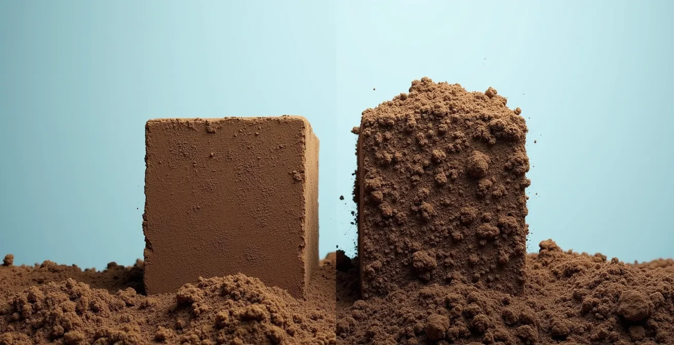 Comparaison visuelle d'un même volume de terre avant et après excavation montrant l'augmentation de 30%