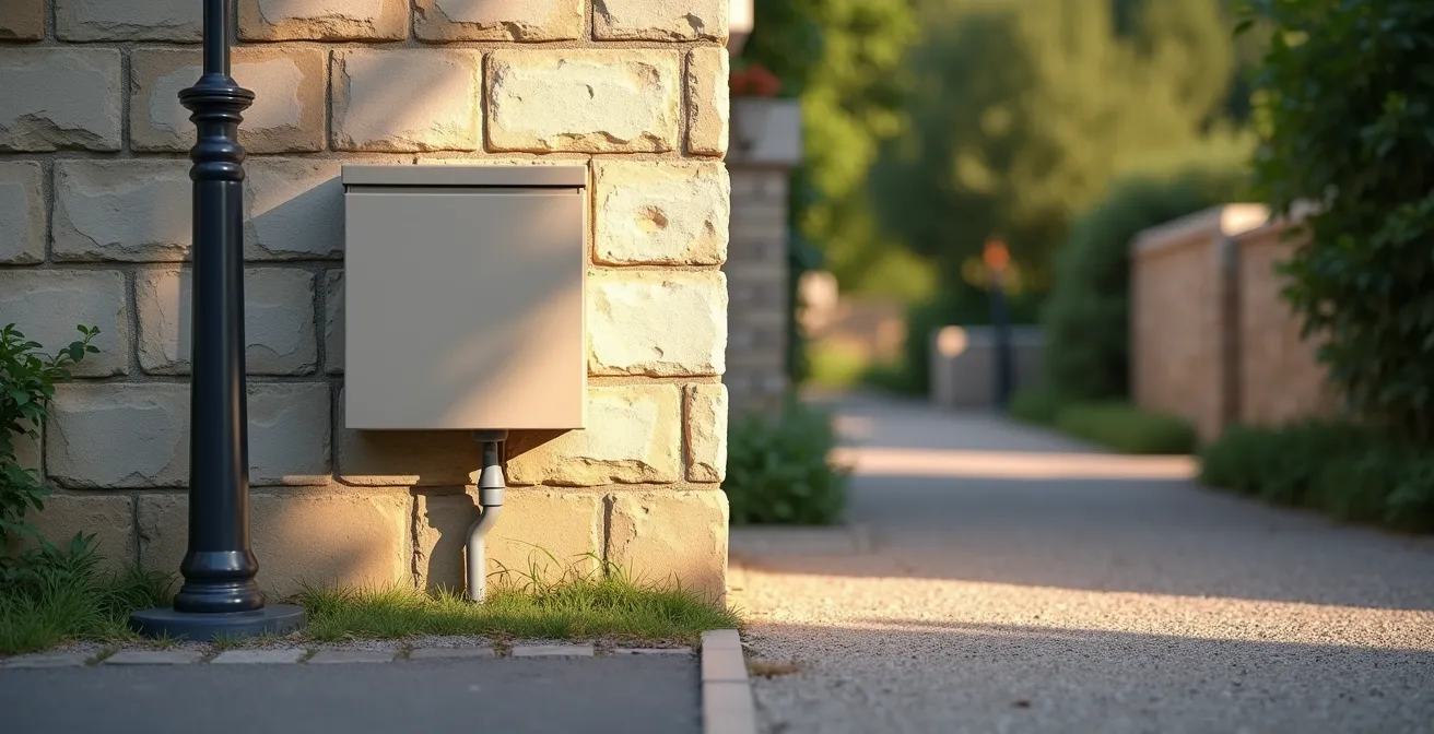 Coffret de branchement électrique installé en limite de propriété avec distinction entre domaine public et privé