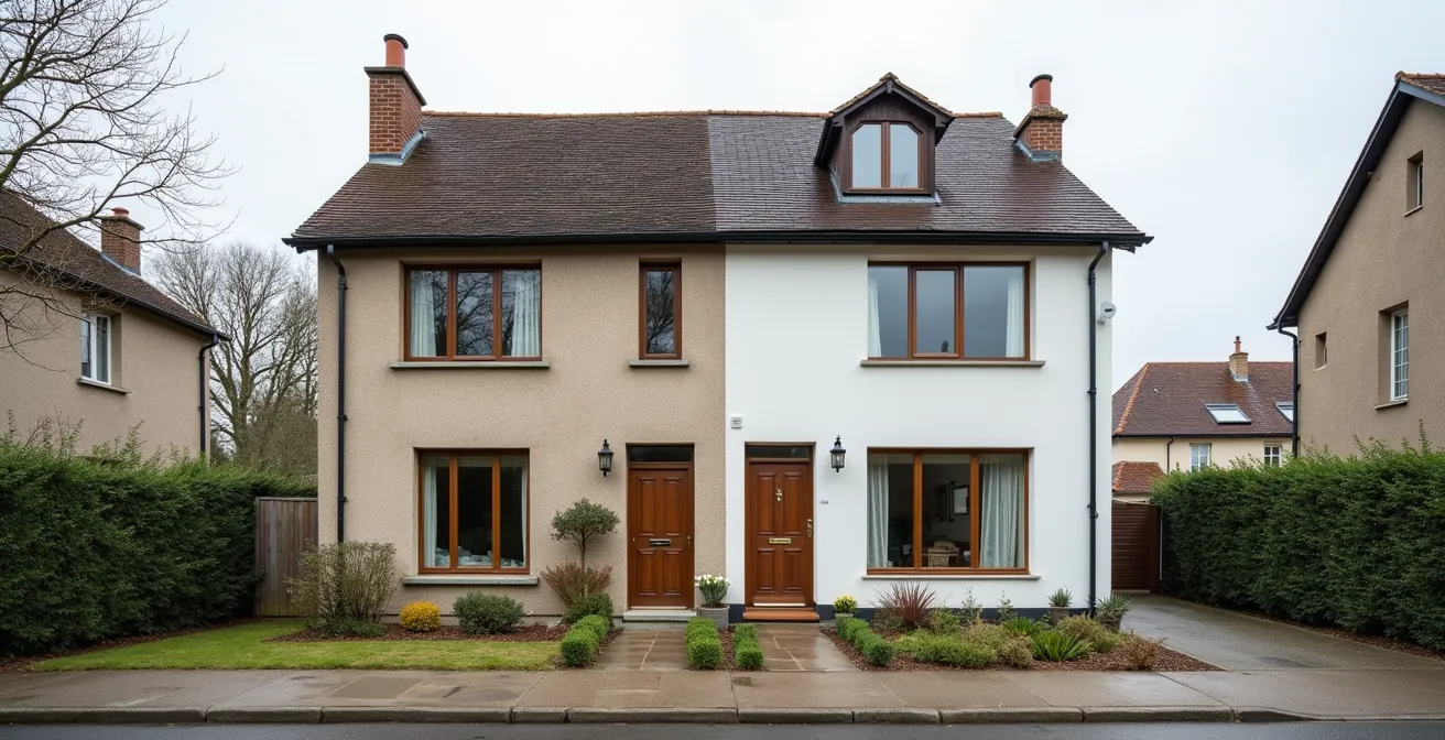 Montage photographique montrant une maison française typique avec une moitié non rénovée et l'autre avec isolation thermique extérieure moderne