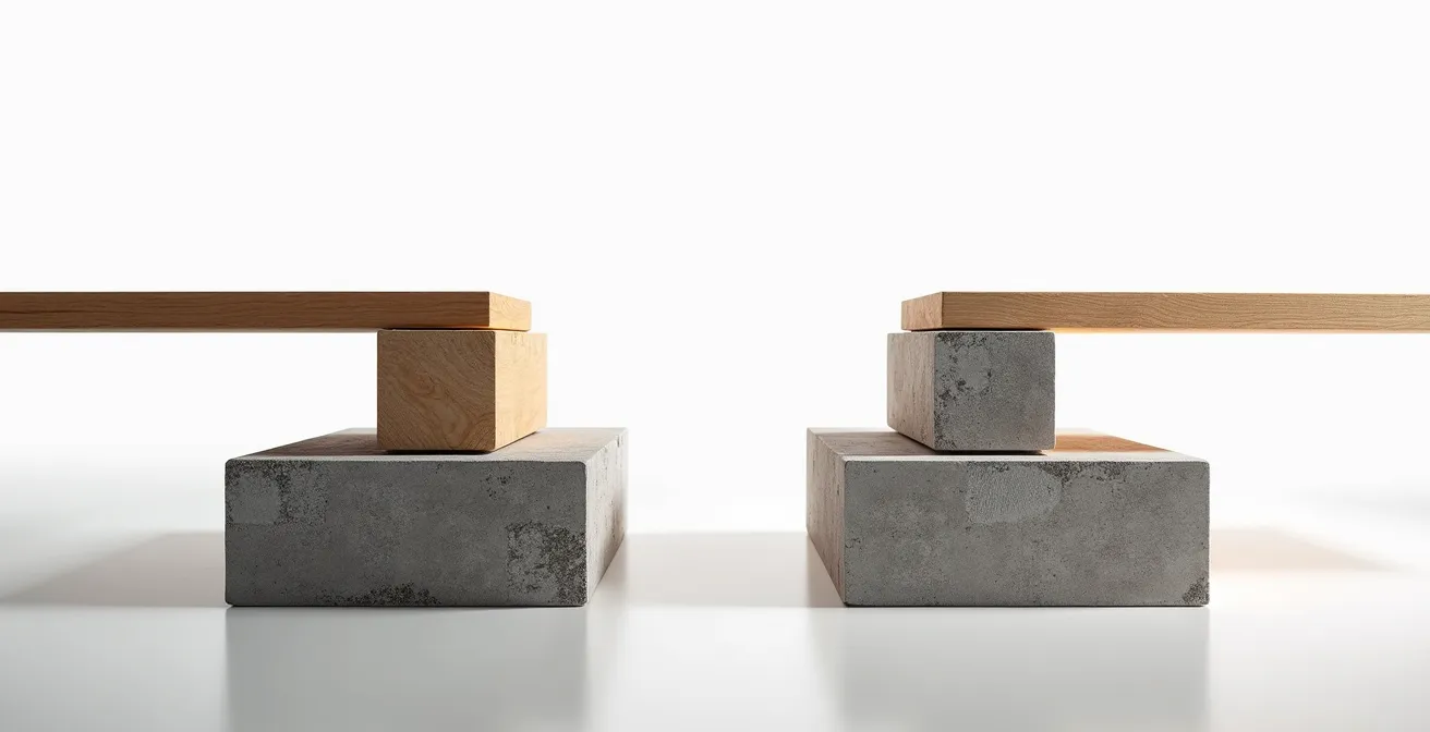 Schéma comparatif montrant la descente de charges sur fondations entre ossature bois et construction béton