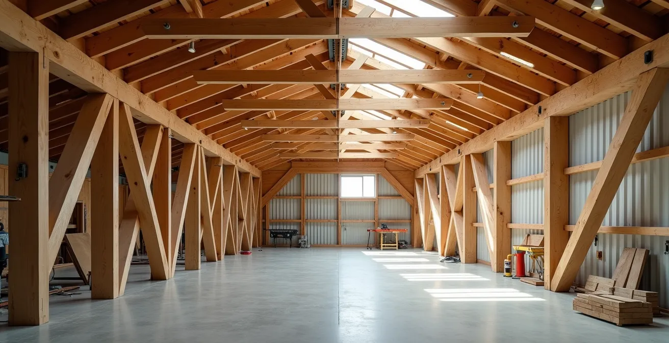 Comparaison visuelle entre une charpente traditionnelle et des fermettes industrielles dans un atelier
