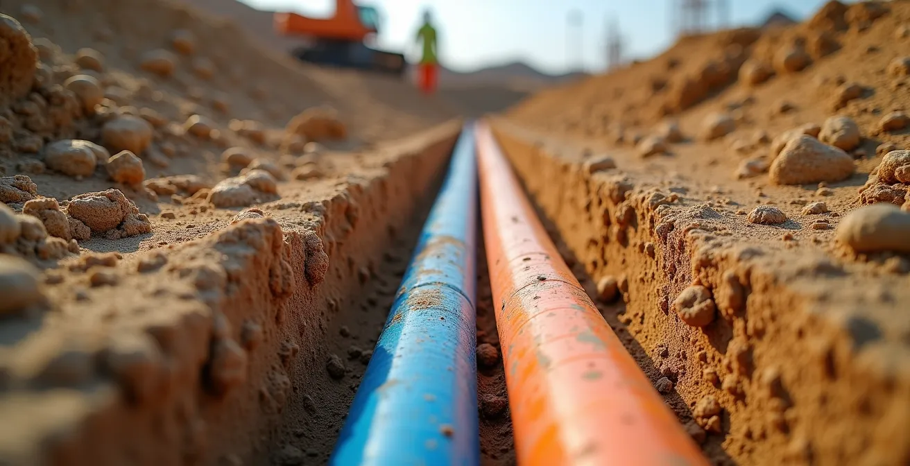 Vue aérienne montrant deux terrains en construction avec les tranchées de raccordement visibles