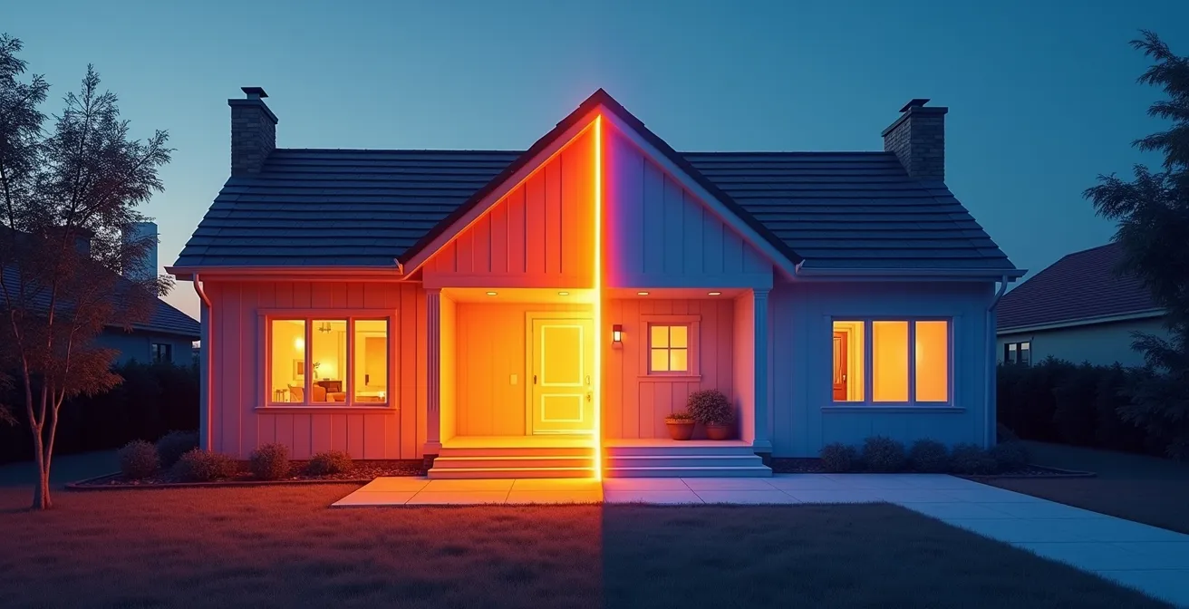 Vue thermographique d'une maison montrant les zones de déperdition de chaleur