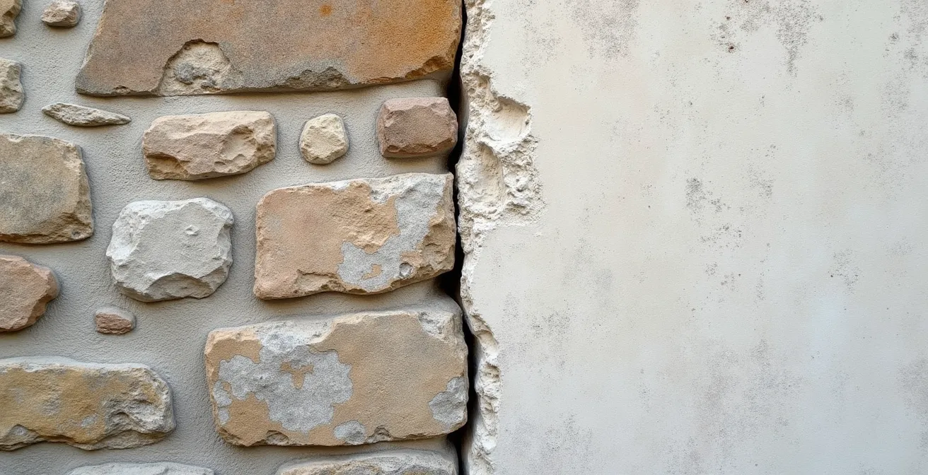 Comparaison visuelle d'un mur en pierre avec enduit ciment montrant des pathologies versus un mur avec enduit à la chaux sain