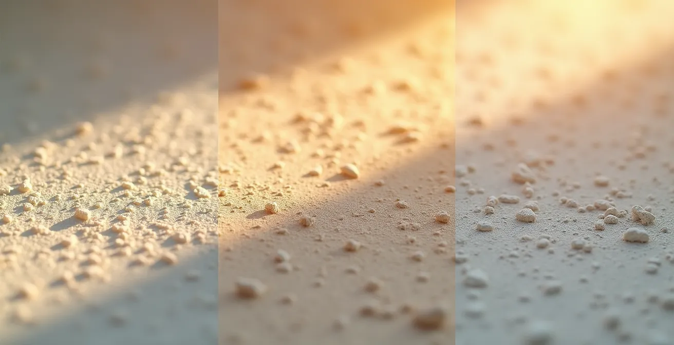 Macro photographie de trois échantillons d'enduits différents sous lumière rasante montrant les textures grattée, talochée et lissée
