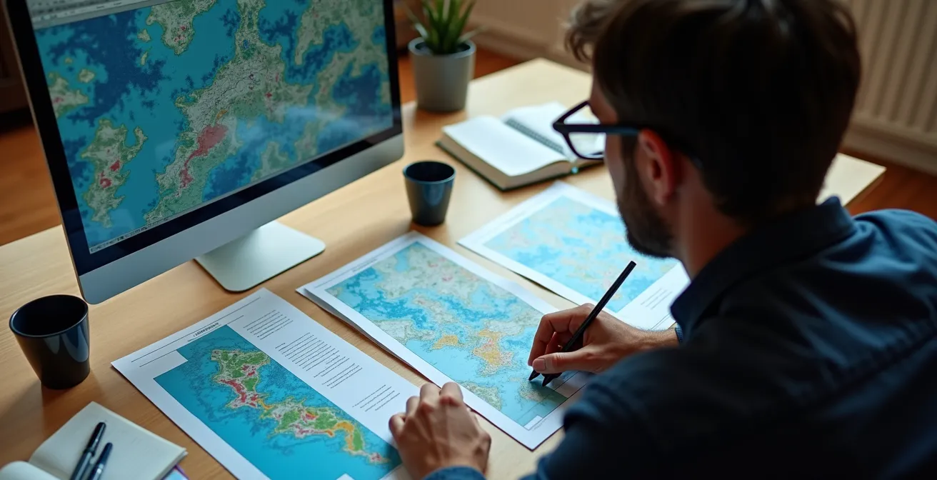 Personne consultant des cartes de zones inondables sur ordinateur avec documents papier à côté
