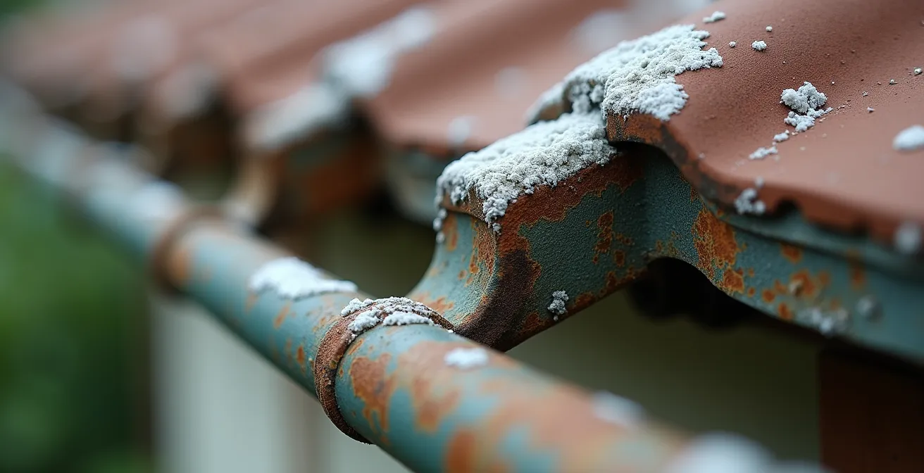 Détail macro d'une jonction corrodée entre cuivre et aluminium sur une gouttière