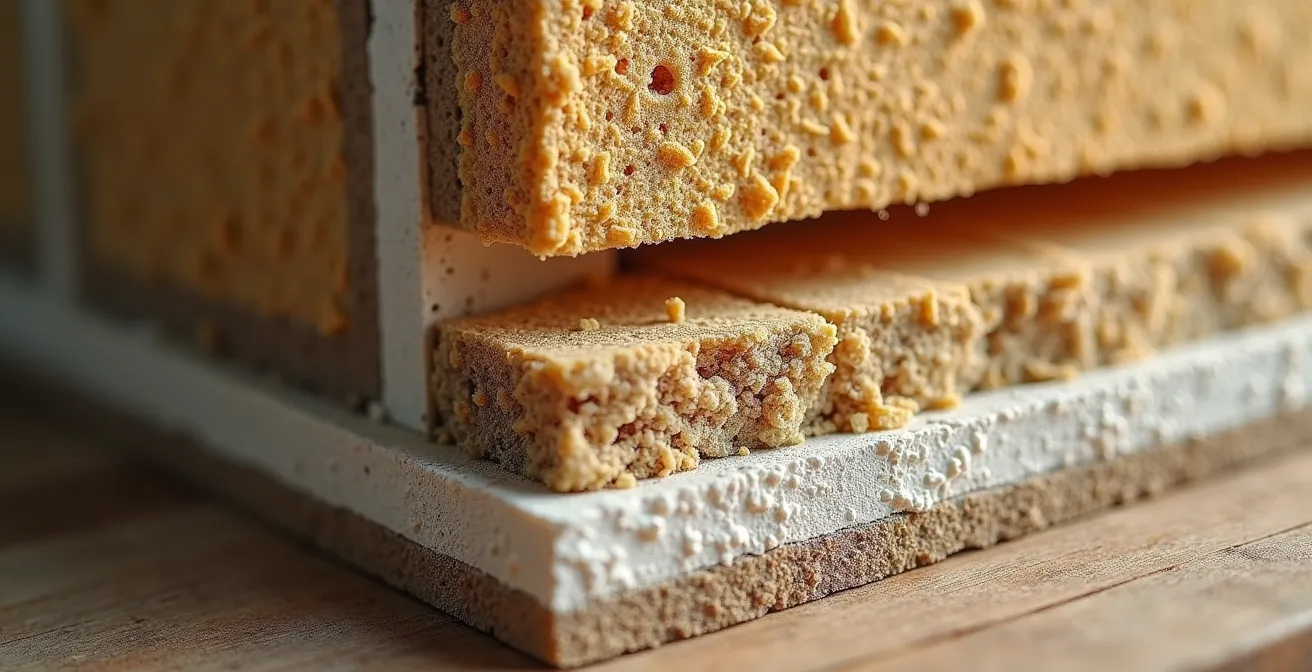 Coupe technique détaillée d'un mur perspirant avec isolation paille et pare-vapeur