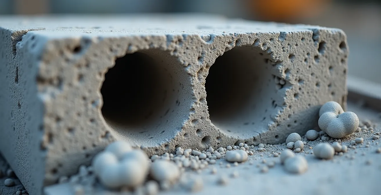 Vue macro détaillée d'un nid de cailloux dans le béton montrant la porosité et les vides entre granulats