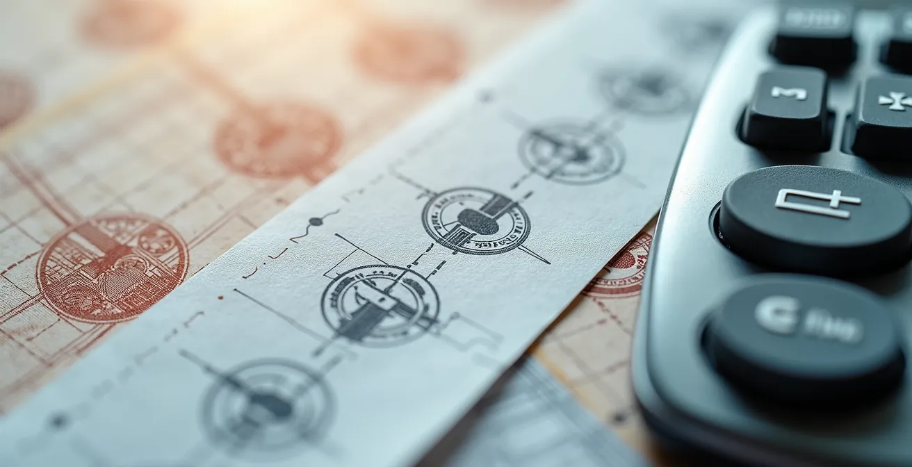 Vue aérienne de documents fiscaux et plans de construction sur bureau