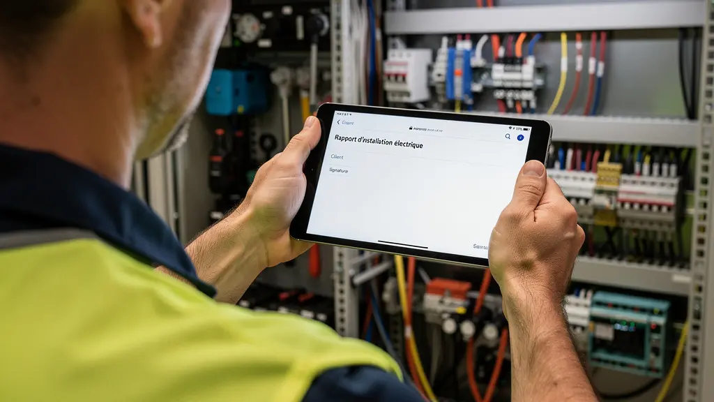 Électricien en gilet de sécurité utilisant tablette pour rapport d'intervention