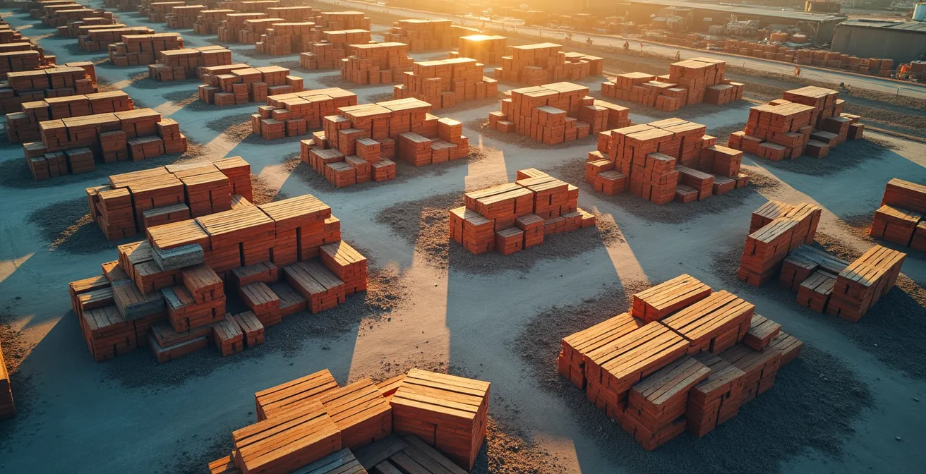 Vue aérienne minimaliste d'un chantier de construction avec matériaux et grues