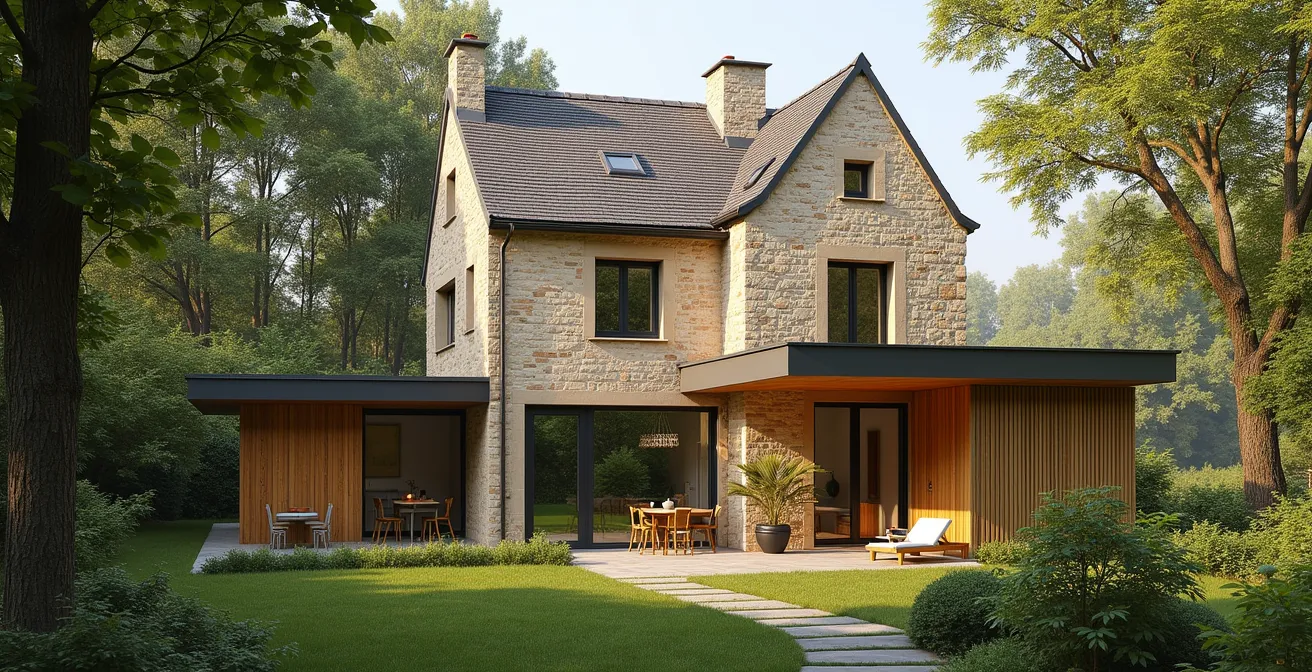 Extension moderne d'une maison ancienne illustrant l'intégration des normes RE2020