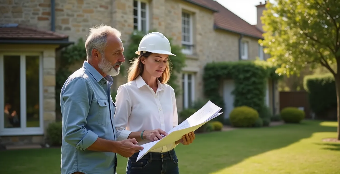 Extension moderne en béton d'une maison traditionnelle en zone ABF