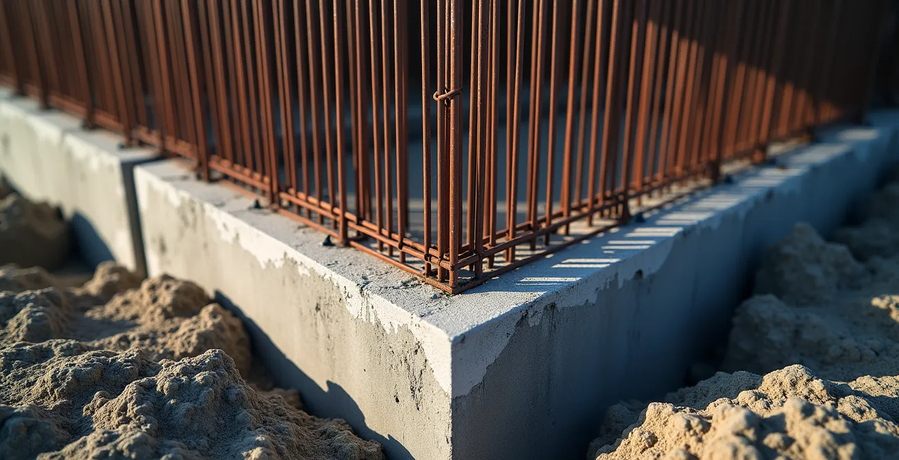 Angle de fondation montrant le ferraillage vertical et les équerres de liaison correctement positionnés