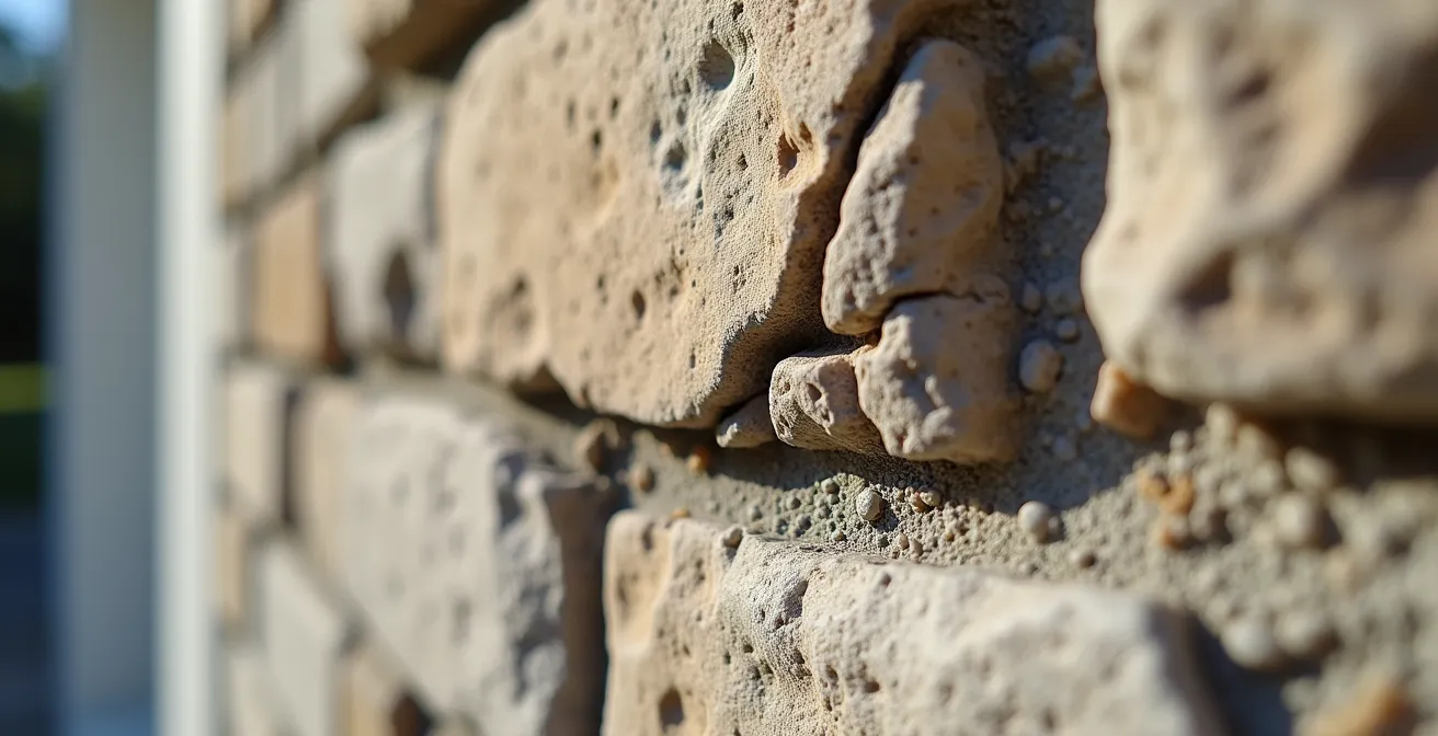 Détail macro d'une fissure en forme de moustache autour d'un linteau sur façade en pierre