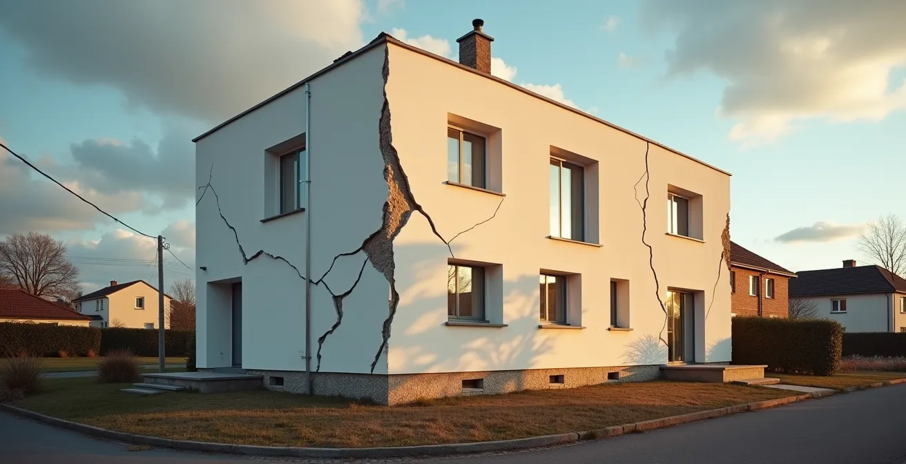 Vue large d'une maison avec fissures structurelles importantes sur la façade