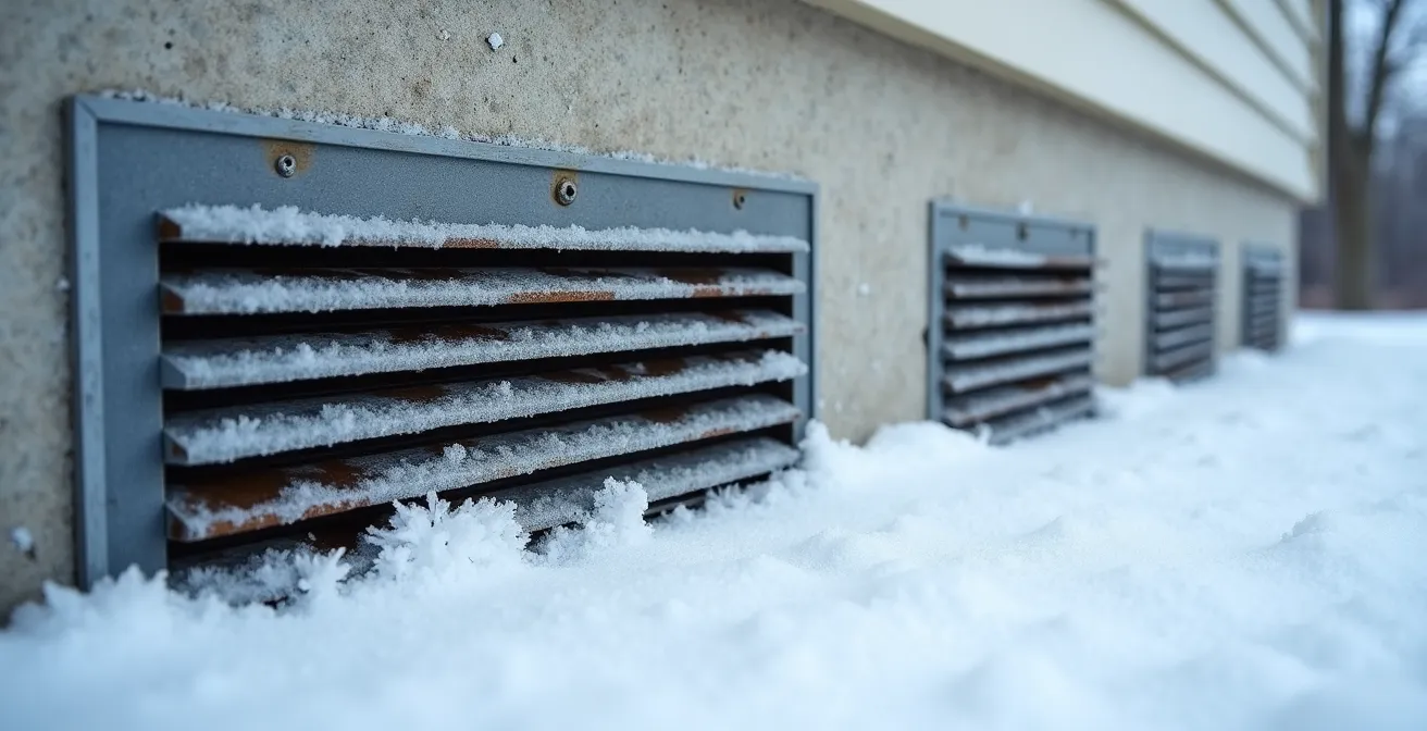 Vue rapprochée de grilles de ventilation de vide sanitaire avec signes de condensation et développement de moisissures