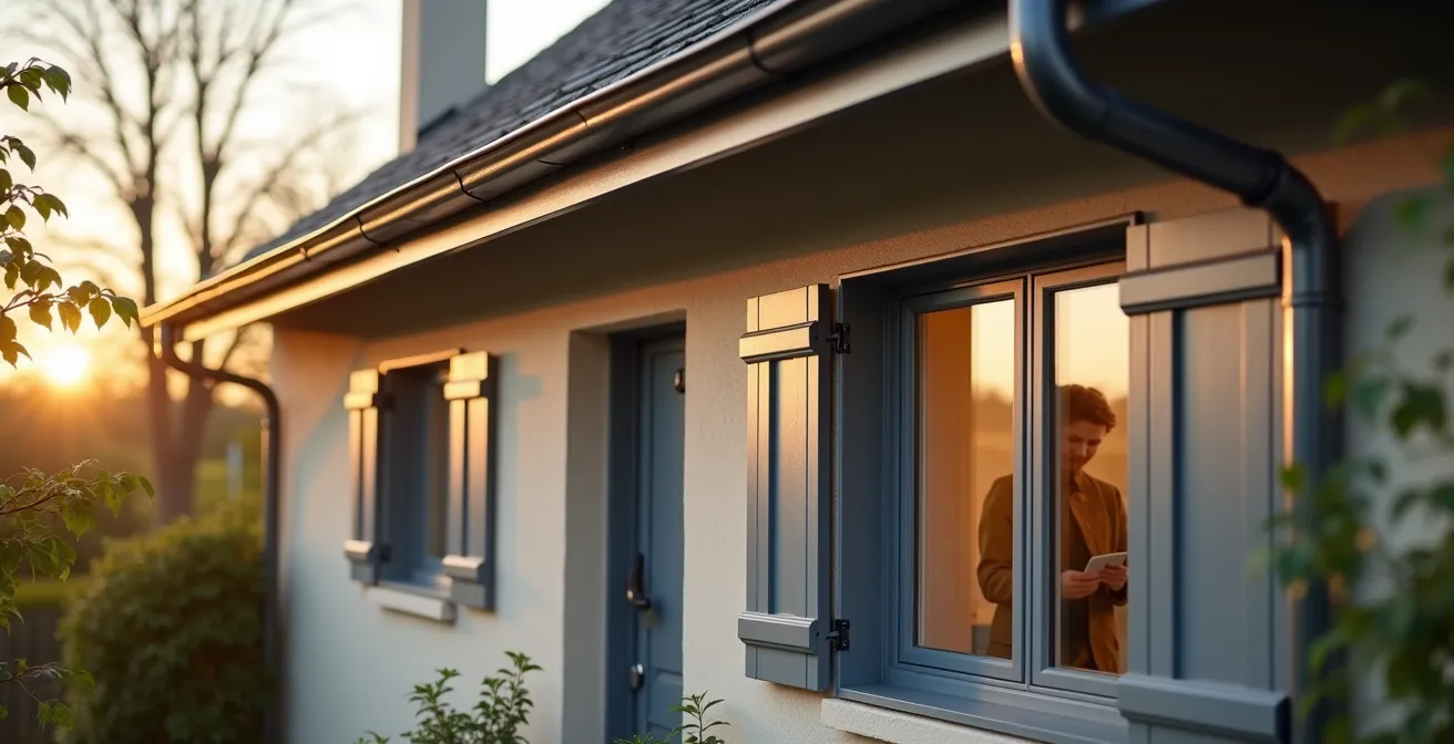 Façade de maison française montrant l'harmonie entre gouttières et menuiseries colorées