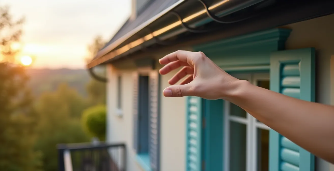 Vue rapprochée d'une façade montrant l'harmonie entre gouttières, fenêtres et détails architecturaux dans des tons coordonnés