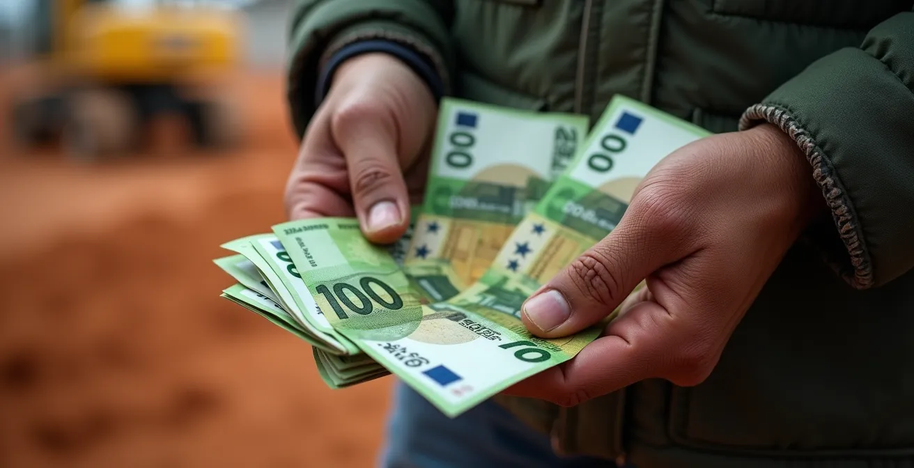 Gros plan sur une main tenant des billets d'euros avec un terrain en arrière-plan flou