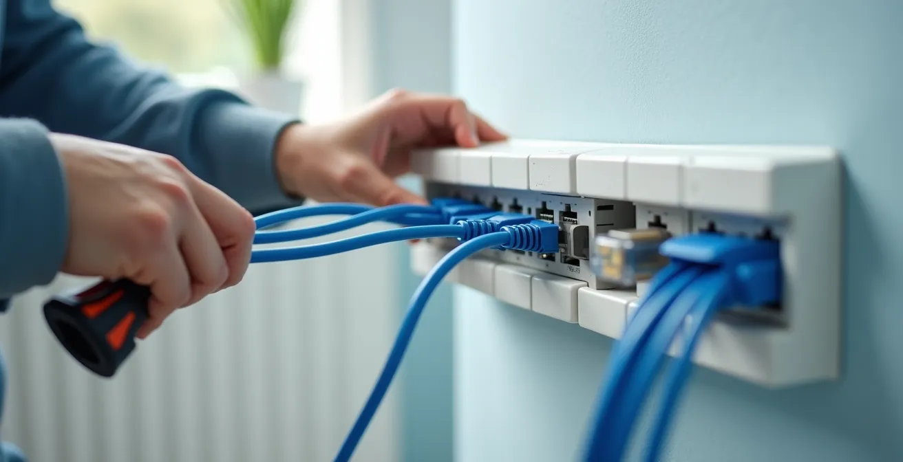 Installation de câbles réseau RJ45 dans des plinthes électriques apparentes le long d'un mur