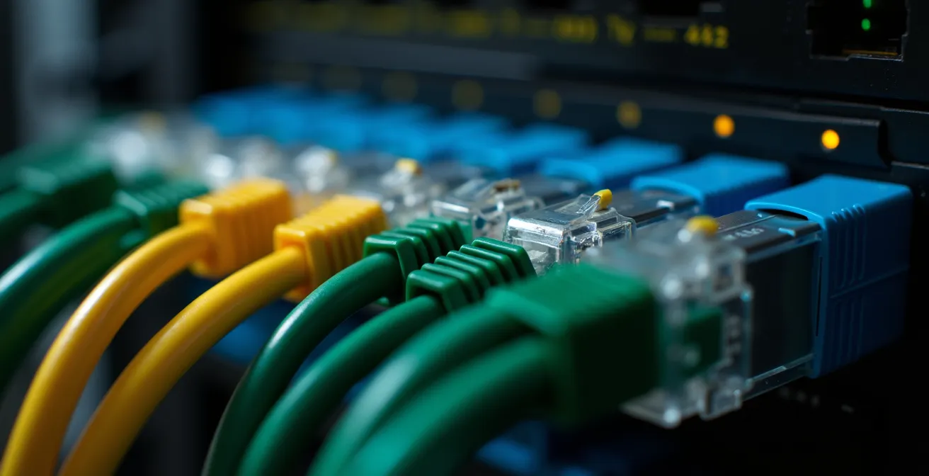 Installation professionnelle de câbles réseau Grade 3 dans une baie de brassage domestique.