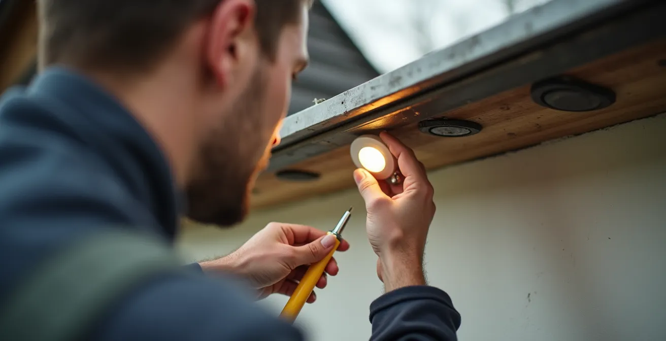 Installation professionnelle et sécurisée de spots LED encastrés dans une sous-face en aluminium