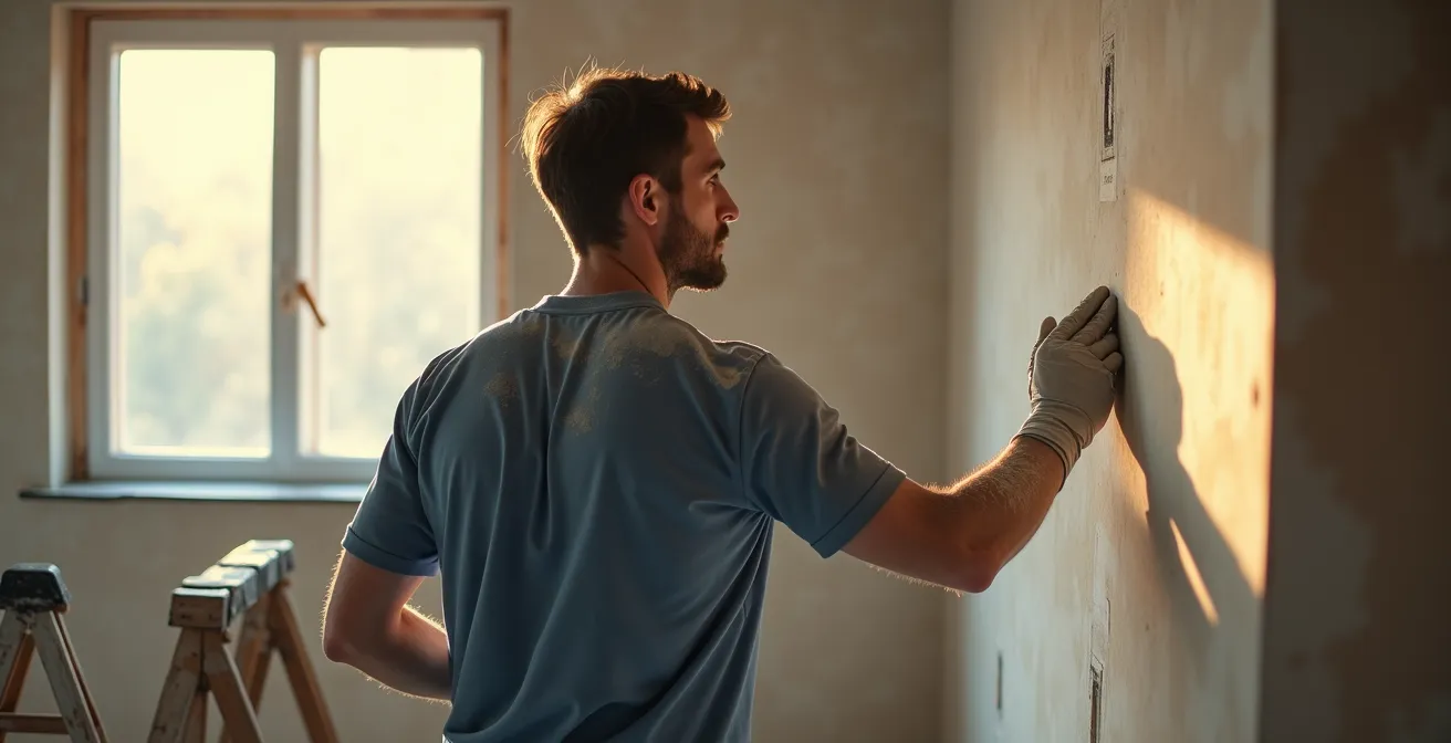 Intérieur de maison en cours de finition avec murs plâtrés et outils de construction