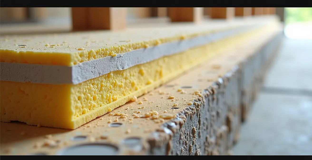 Coupe technique montrant l'isolation d'un terre-plein avec rupteurs thermiques périphériques conformes à la RE2020