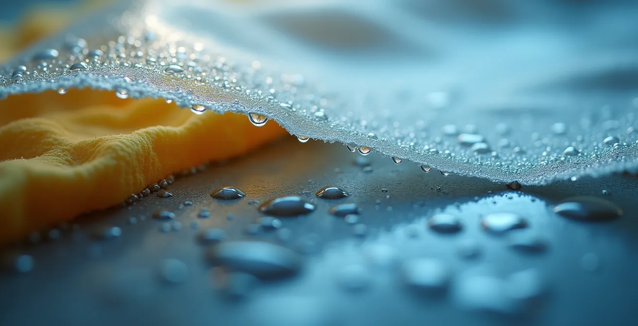 Vue macro d'un pare-vapeur percé avec condensation visible sur l'isolant