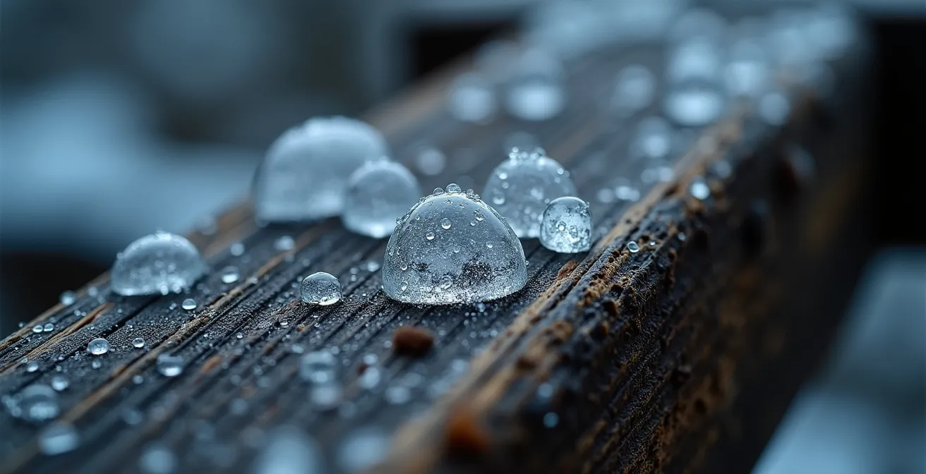 Coupe schématique montrant la condensation dans une charpente mal ventilée
