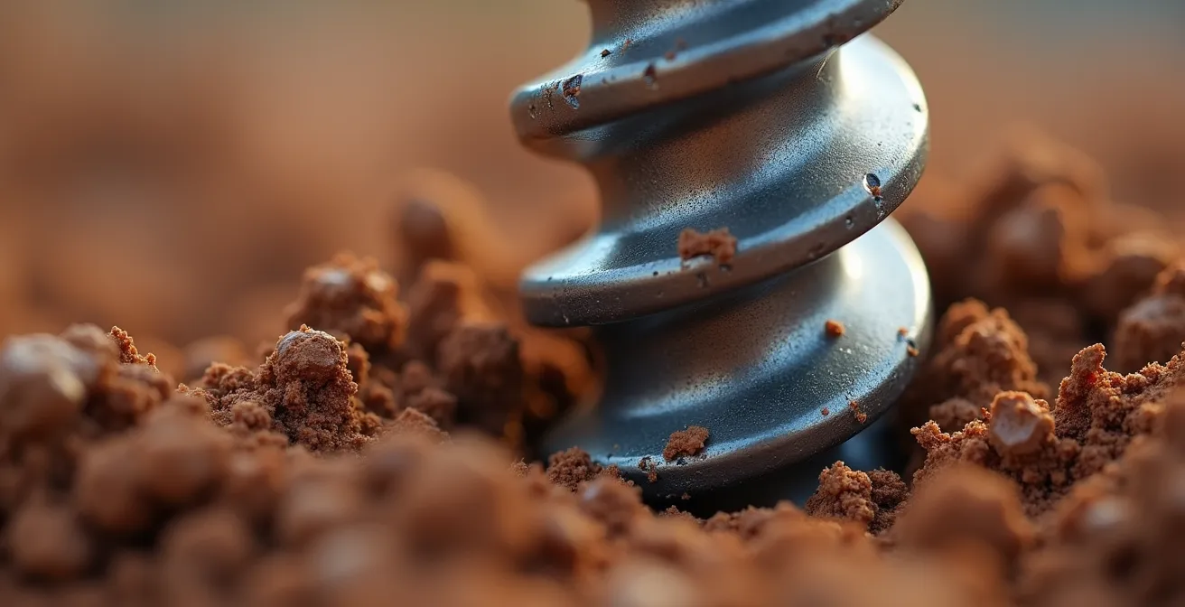 Gros plan sur l'installation d'un pieu vissé en acier dans un sol argileux pour une maison à ossature bois
