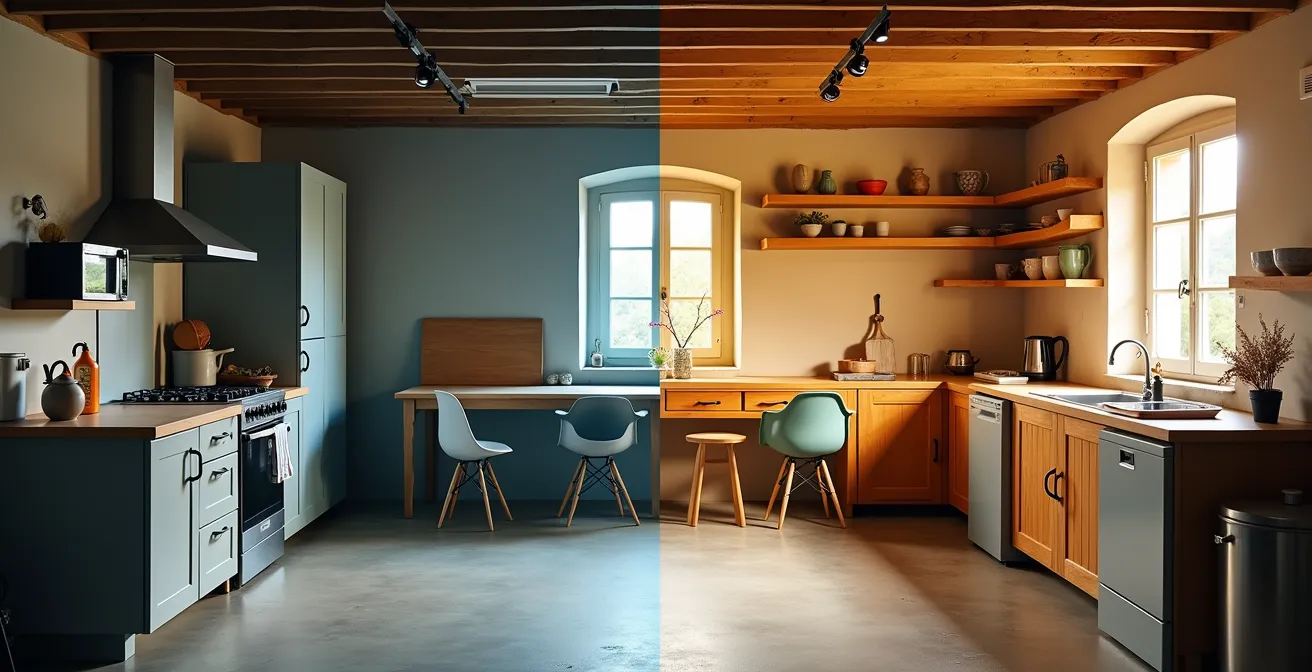 Vue aérienne d'une maison avec zones de vie temporaires pendant rénovation