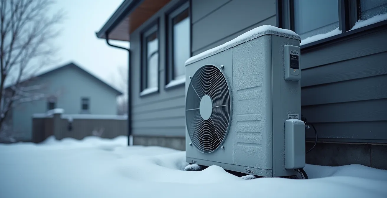 Pompe à chaleur moderne installée à l'extérieur d'une maison avec givre symbolisant la panne hivernale