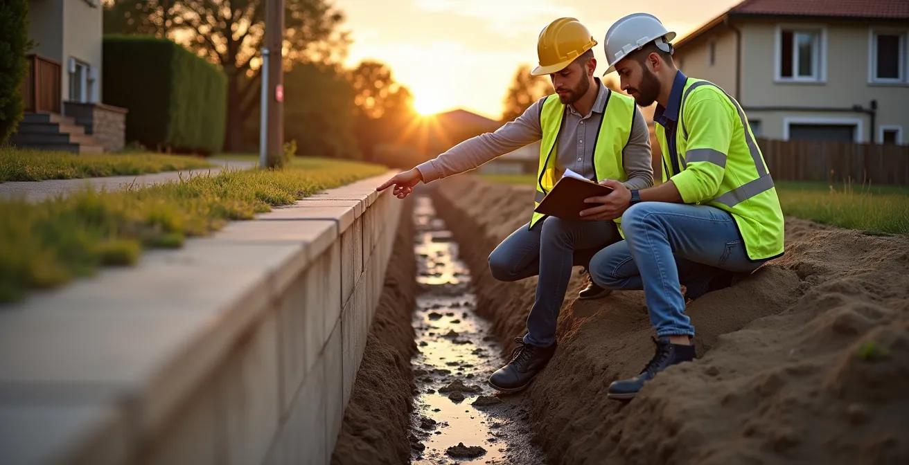 Vue en coupe d'un terrassement sécurisé avec mur de soutènement et drainage protégeant les terrains voisins