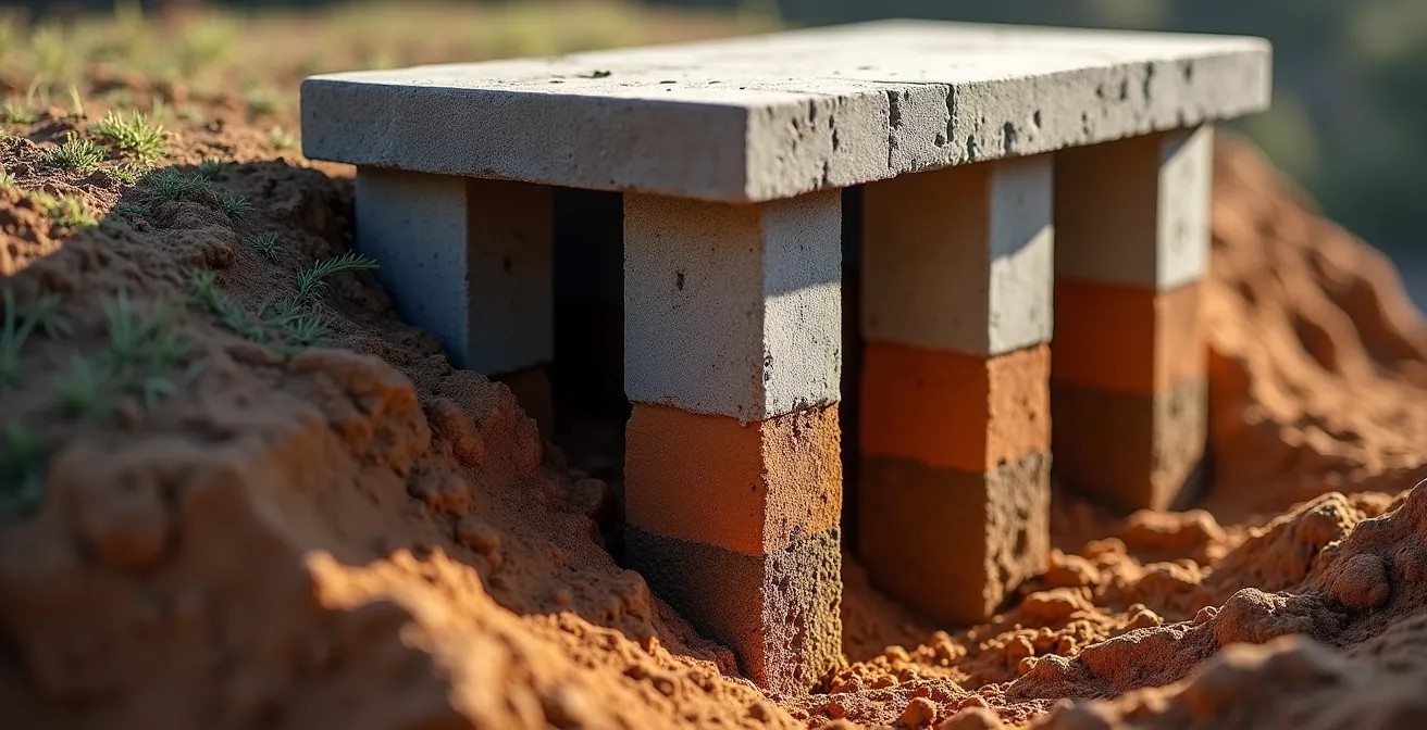 Schéma d'un système de puits et longrines sur un terrain en pente avec des couches d'argile hétérogènes