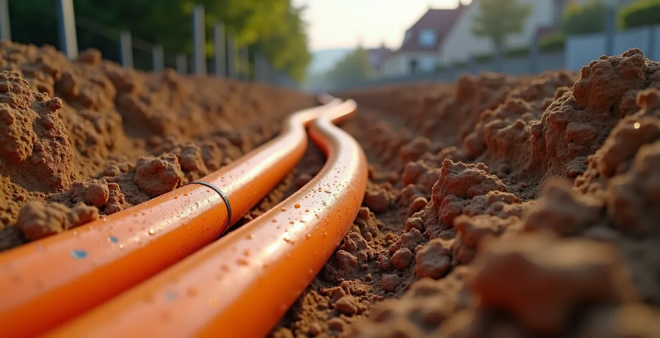 Tranchée ouverte avec gaines électriques orange et bornes de raccordement en bordure de terrain