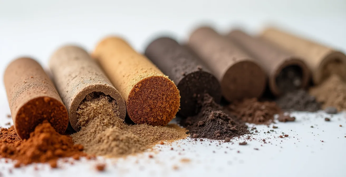 Vue macro de carottes de sol prélevées lors d'un forage géotechnique