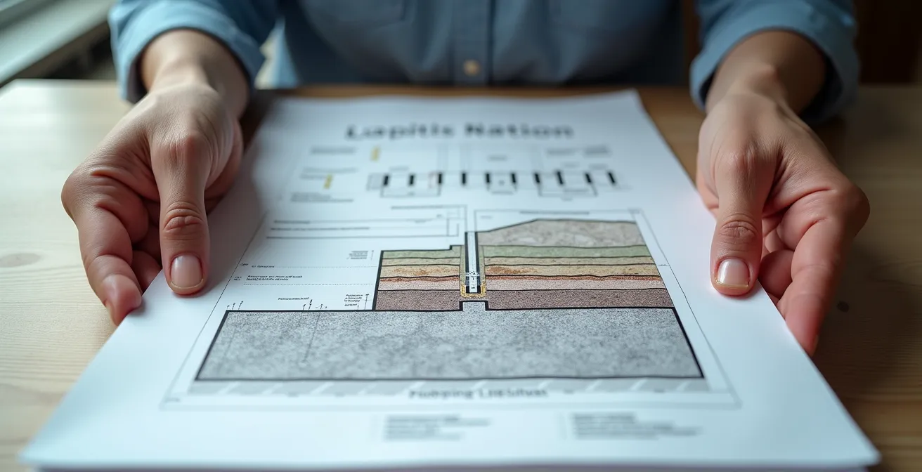 Page d'un rapport d'étude de sol G2 avec schémas techniques de fondations et profondeurs d'ancrage