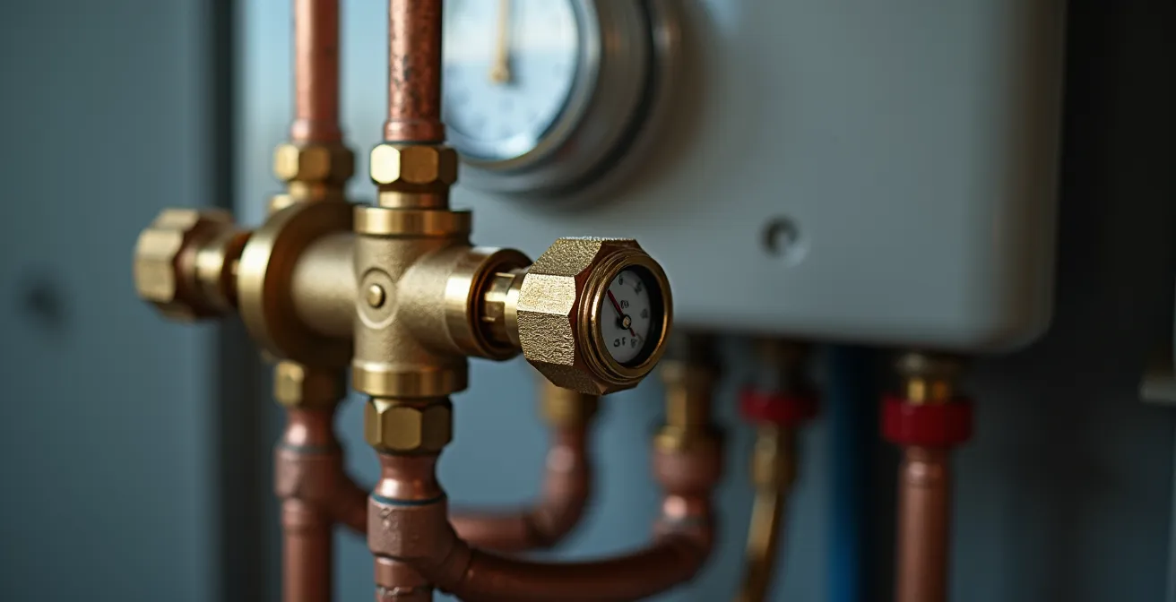 Réducteur de pression installé près d'un chauffe-eau dans une buanderie française